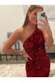 Open Back One Shoulder Sleeveless Long Sweep Train Velvet Sequin Prom Dress UK