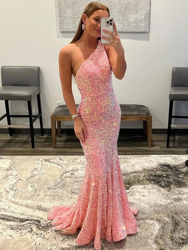 Open Back One Shoulder Sleeveless Long Sweep Train Velvet Sequin Prom Dress UK