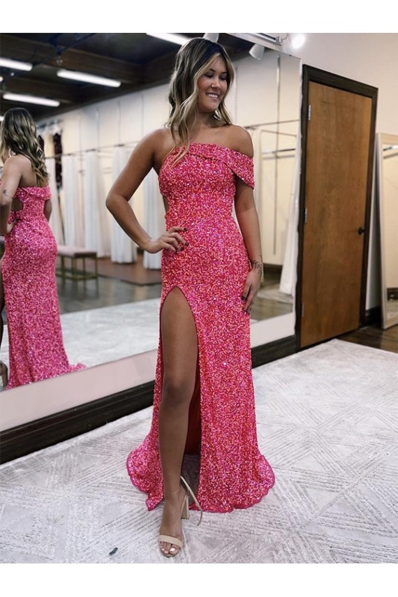 One Shoulder Sleeveless Long Sweep Train Velvet Sequin Prom Dress with Side Slit UK