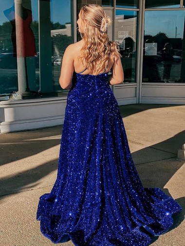A-Line One Shoulder Sleeveless Long Sweep Train Velvet Sequin Prom Dress with Pockets UK