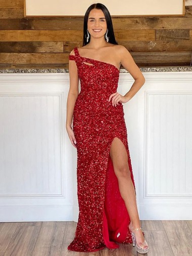 One Shoulder Sleeveless Long Sweep Train Velvet Sequin Prom Dress UK