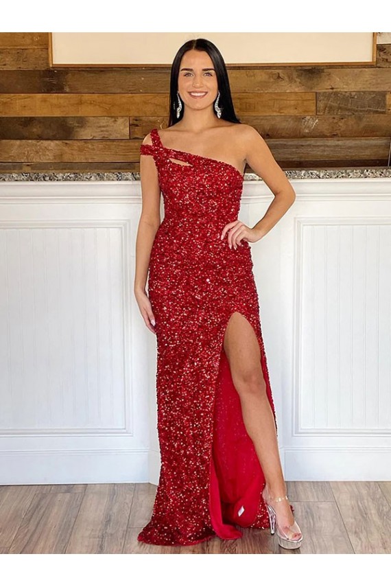 One Shoulder Sleeveless Long Sweep Train Velvet Sequin Prom Dress UK