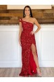 One Shoulder Sleeveless Long Sweep Train Velvet Sequin Prom Dress UK