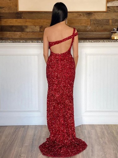 One Shoulder Sleeveless Long Sweep Train Velvet Sequin Prom Dress UK