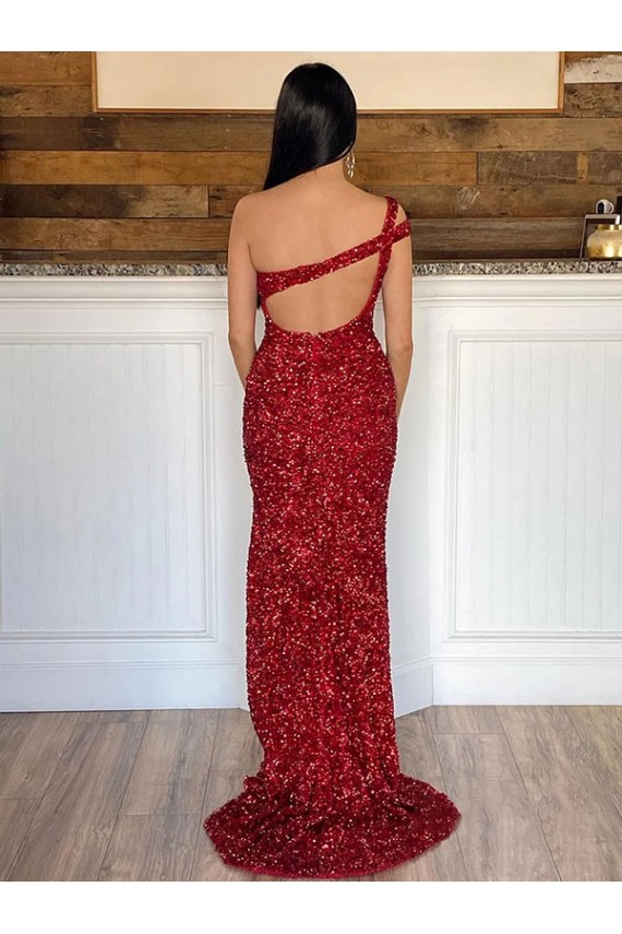 One Shoulder Sleeveless Long Sweep Train Velvet Sequin Prom Dress UK