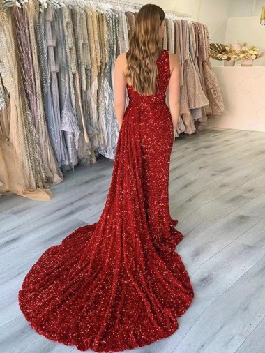 One Shoulder Sleeveless Long Court Train Velvet Sequin Prom Dress with Slit UK