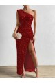 One Shoulder Sleeveless Long Floor Length Velvet Sequin Prom Dress with Slit UK