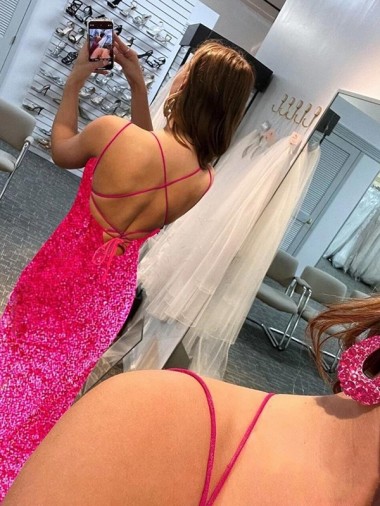 Spaghetti Straps Sleeveless Long Velvet Sequin Prom Dress with Slit and Criss Cross Open Back UK