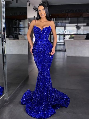 Mermaid Spaghetti Straps Sleeveless Long Sweep Train Velvet Sequin Prom Dress UK