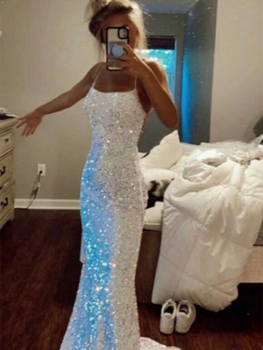 Long Spaghetti Straps Sleeveless Sweep Train Velvet Sequin Prom Dress UK