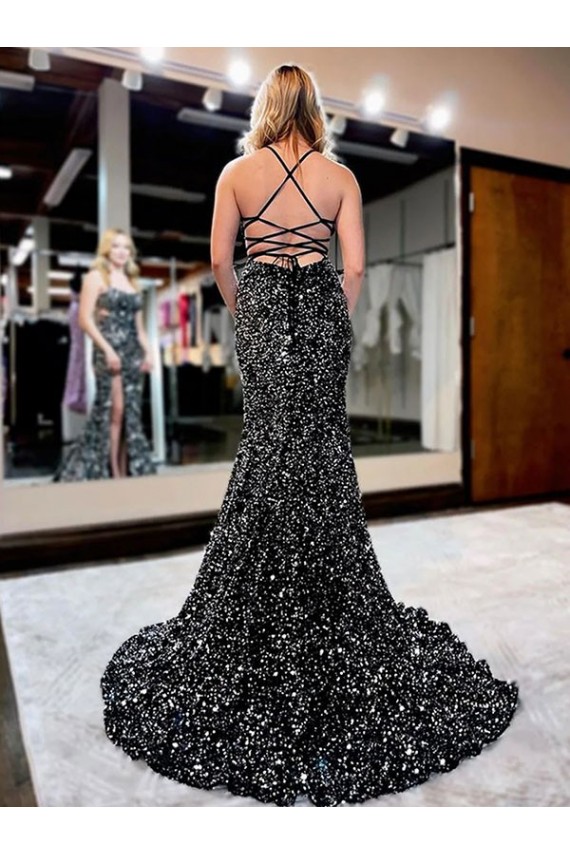 Spaghetti Straps Sleeveless Long Sweep Train Velvet Sequin Prom Dress UK