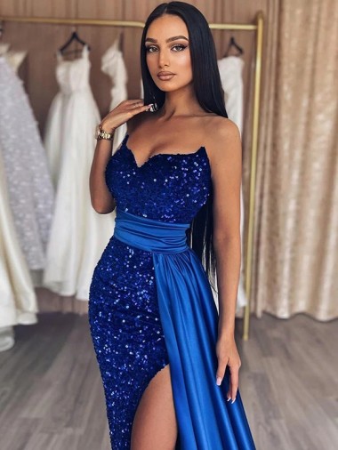 Sweetheart Sleeveless Long Sweep Train Velvet Sequin Prom Dress with Slit UK