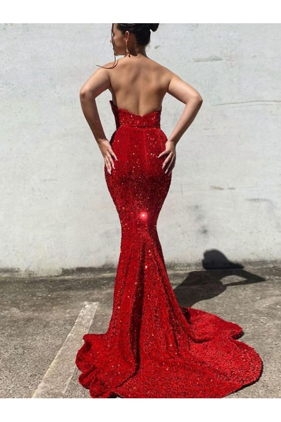 Mermaid Sweetheart Sleeveless Long Court Train Velvet Sequin Prom Dress UK