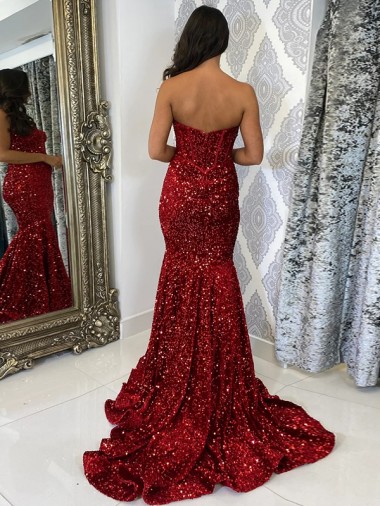 Sweetheart Sleeveless Long Court Train Velvet Sequin Prom Dress UK