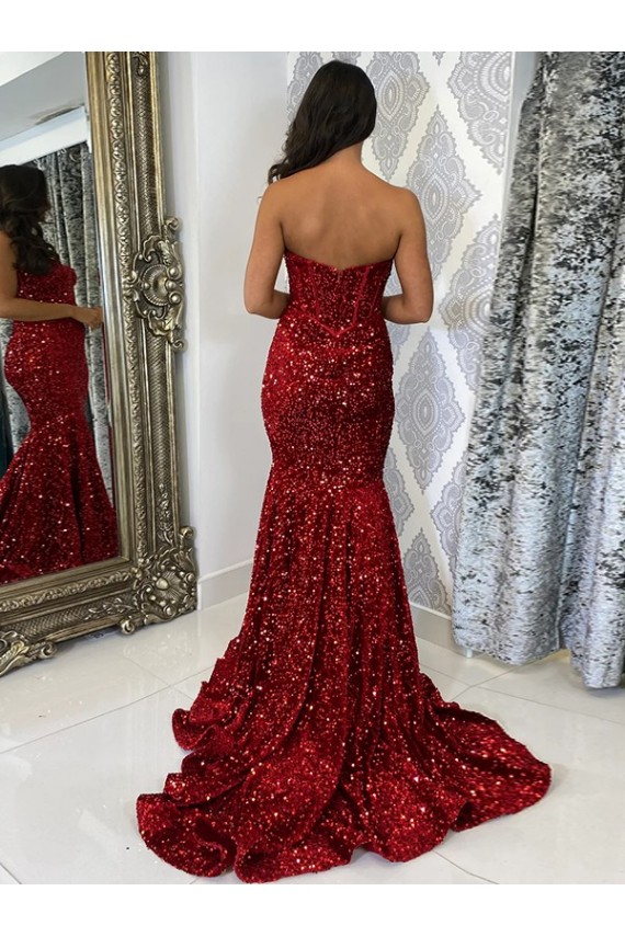 Sweetheart Sleeveless Long Court Train Velvet Sequin Prom Dress UK