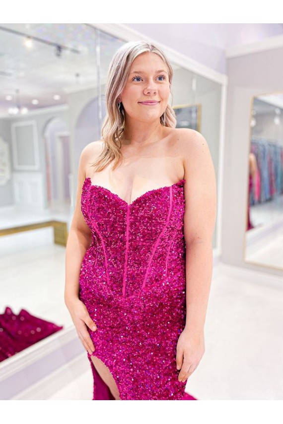 Long Sweetheart Sleeveless Sweep Train Velvet Sequin Prom Dress with Slit UK