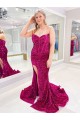 Long Sweetheart Sleeveless Sweep Train Velvet Sequin Prom Dress with Slit UK