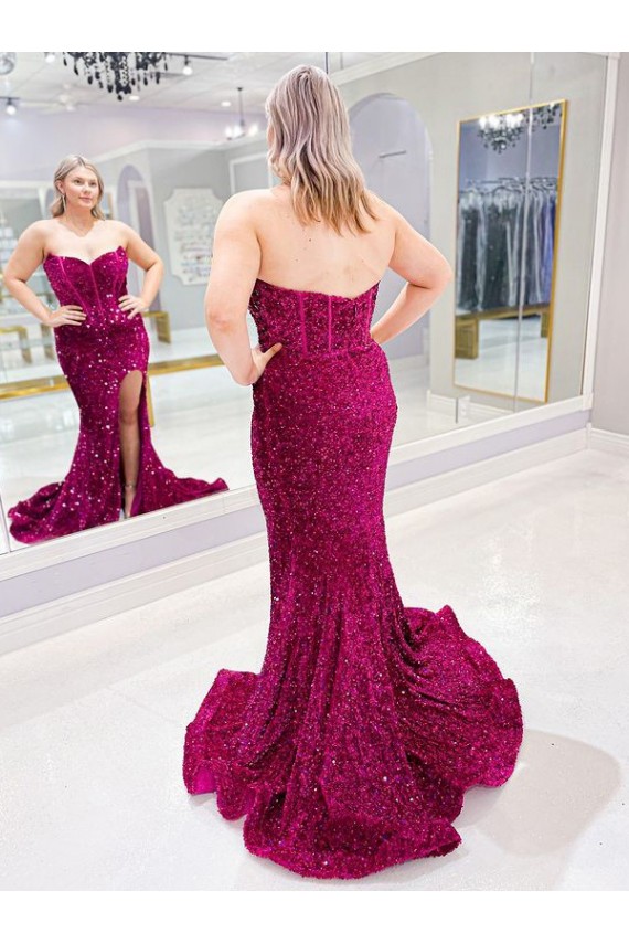 Long Sweetheart Sleeveless Sweep Train Velvet Sequin Prom Dress with Slit UK