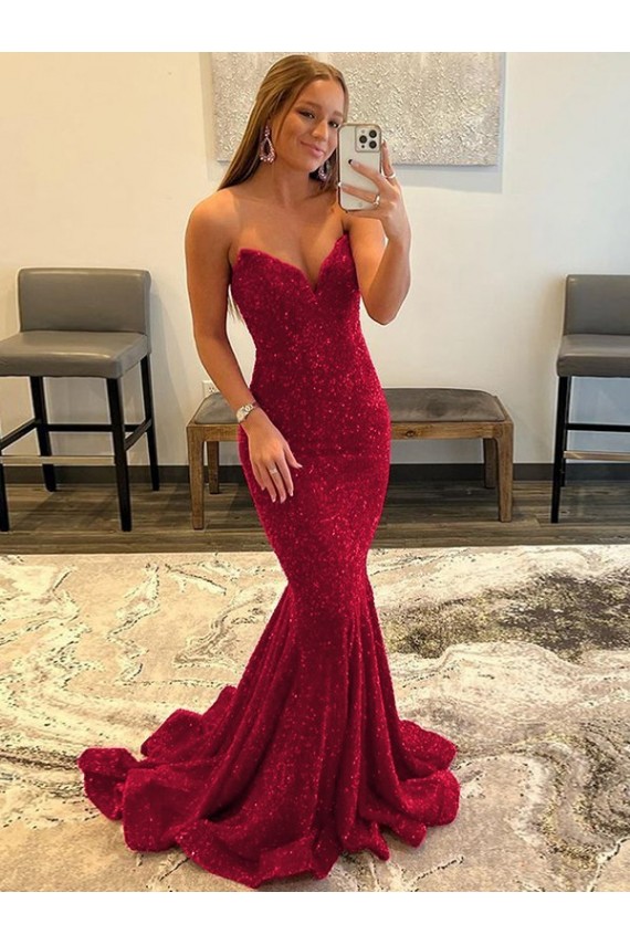 Sweetheart Sleeveless Long Sweep Train Velvet Sequin Prom Dress UK