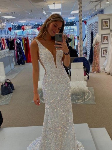 V-Neck Sleeveless Long Velvet Sequin Prom Dress with Sweep Train UK