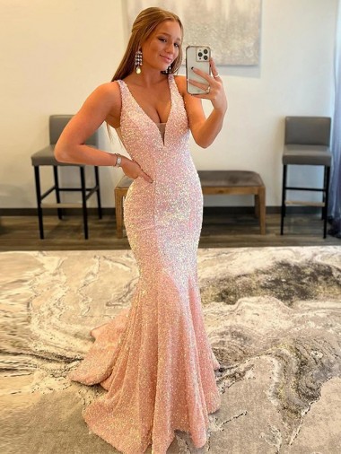 Deep V-Neck Sleeveless Long Low Back Velvet Sequin Prom Dress UK