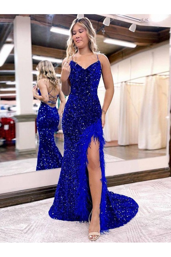 V-Neck Sleeveless Long Velvet Sequin Royal Blue Prom Dress with Side Slit UK