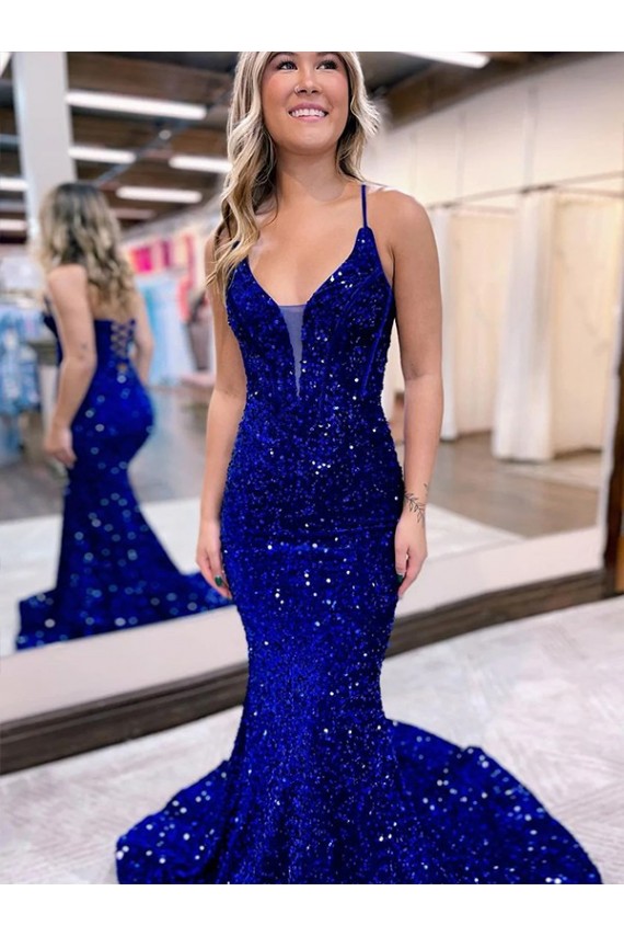 Mermaid V-Neck Sleeveless Long Court Train Velvet Sequin Prom Dress UK