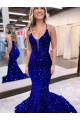 Mermaid V-Neck Sleeveless Long Court Train Velvet Sequin Prom Dress UK