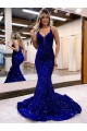 Mermaid V-Neck Sleeveless Long Court Train Velvet Sequin Prom Dress UK