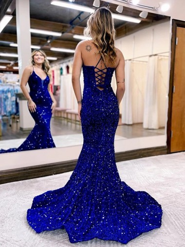 Mermaid V-Neck Sleeveless Long Court Train Velvet Sequin Prom Dress UK