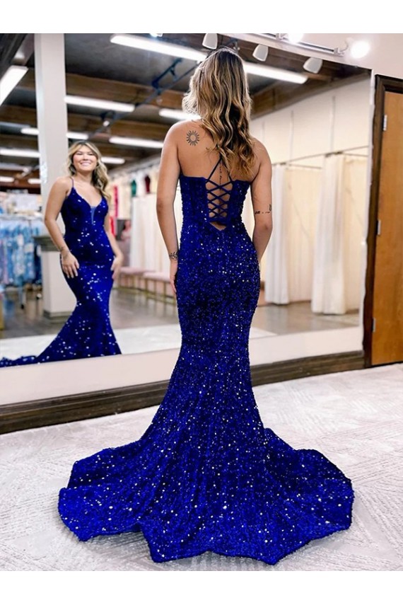 Mermaid V-Neck Sleeveless Long Court Train Velvet Sequin Prom Dress UK