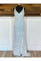 V-Neck Sleeveless Long Sweep Train Velvet Sequin Prom Dress UK