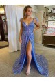 A-Line V-Neck Sleeveless Long Court Train Velvet Sequin Prom Dress with High Slit UK