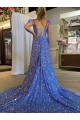 A-Line V-Neck Sleeveless Long Court Train Velvet Sequin Prom Dress with High Slit UK