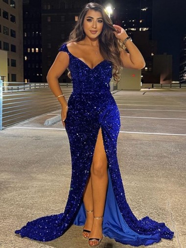V-Neck Sleeveless Long Sweep Train Velvet Sequin Prom Dress with Slit UK