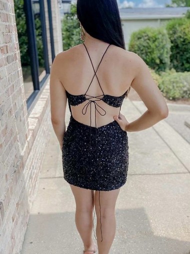 Halter Sleeveless Short Velvet Sequin Homecoming Dress / Prom Dress UK