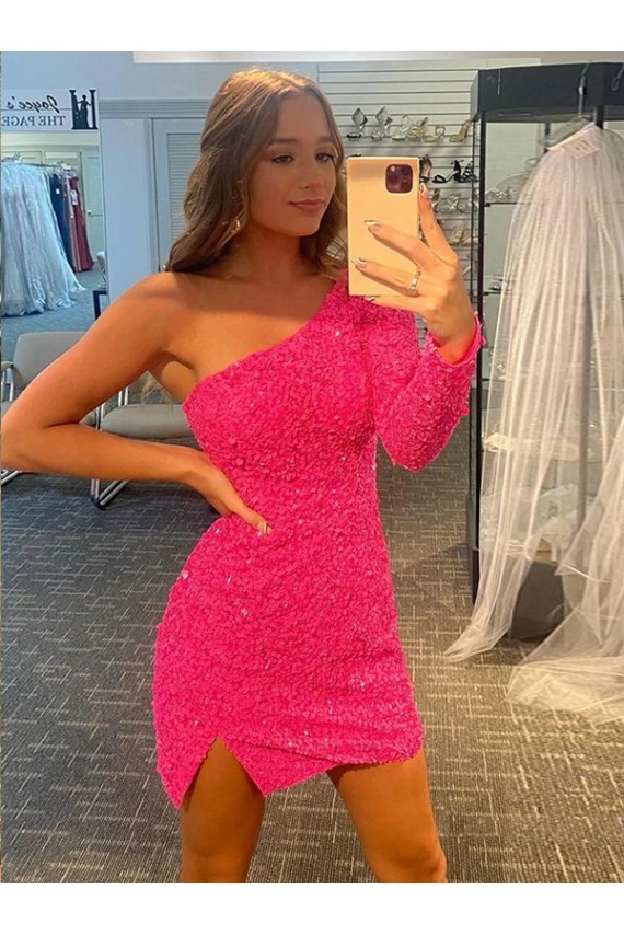 Short Velvet Sequin One Shoulder Long Sleeves Homecoming Dress / Prom Dress UK