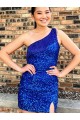 One Shoulder Sleeveless Short Velvet Sequin Royal Blue Homecoming Dress / Prom Dress UK