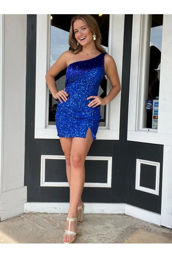 One Shoulder Sleeveless Short Velvet Sequin Royal Blue Homecoming Dress / Prom Dress UK