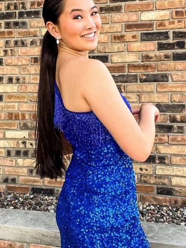 One Shoulder Sleeveless Short Velvet Sequin Royal Blue Homecoming Dress / Prom Dress UK