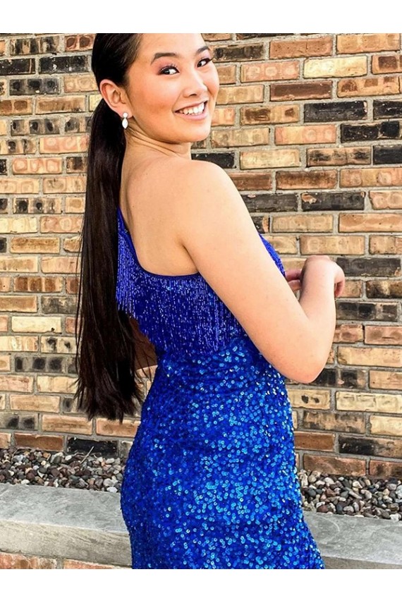 One Shoulder Sleeveless Short Velvet Sequin Royal Blue Homecoming Dress / Prom Dress UK
