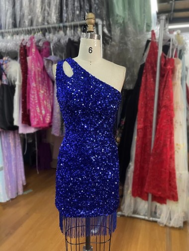 One Shoulder Keyhole Sleeveless Short Velvet Sequin Homecoming Dress / Prom Dress UK