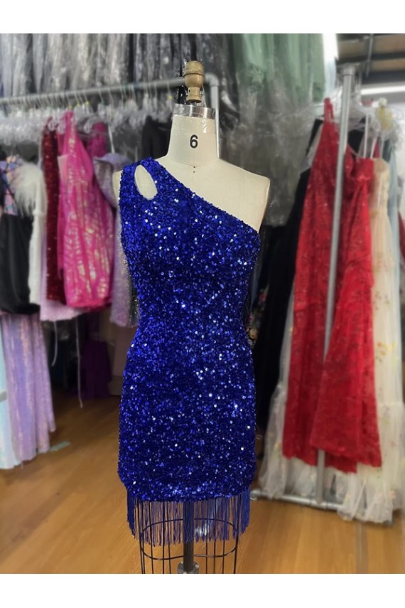 One Shoulder Keyhole Sleeveless Short Velvet Sequin Homecoming Dress / Prom Dress UK