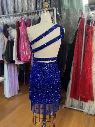 One Shoulder Keyhole Sleeveless Short Velvet Sequin Homecoming Dress / Prom Dress UK