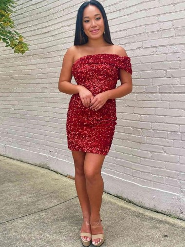 Short One Shoulder Sleeveless Velvet Sequin Cocktail Homecoming Dress / Prom Dress UK