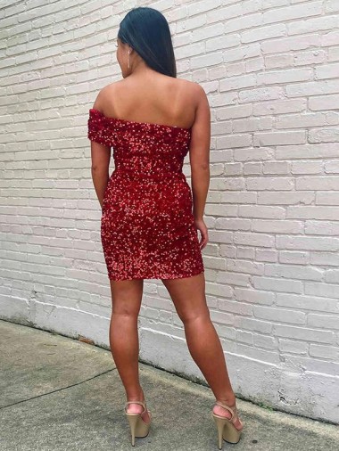 Short One Shoulder Sleeveless Velvet Sequin Cocktail Homecoming Dress / Prom Dress UK