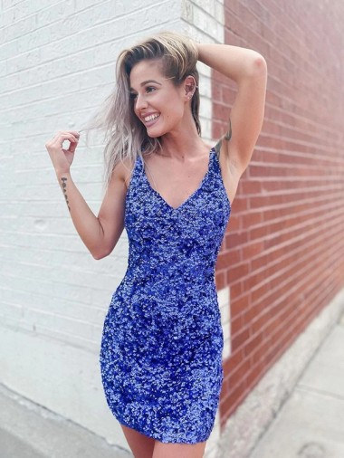 Short Velvet Sequin V-Neck Sleeveless Homecoming Dress / Prom Dress UK