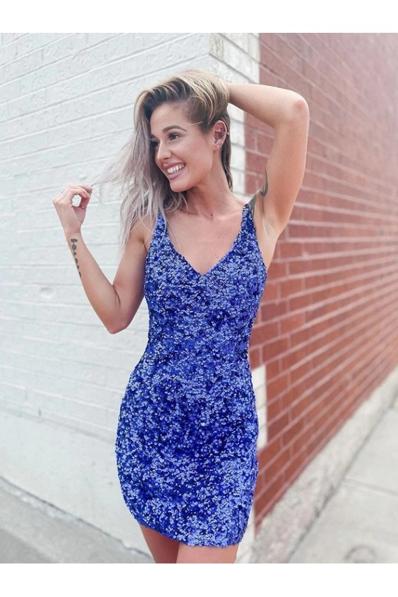 Short Velvet Sequin V-Neck Sleeveless Homecoming Dress / Prom Dress UK