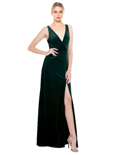 Sleek V-Neck Long Formal Velvet Bridesmaid Dress / Prom Dress with Side Slit UK