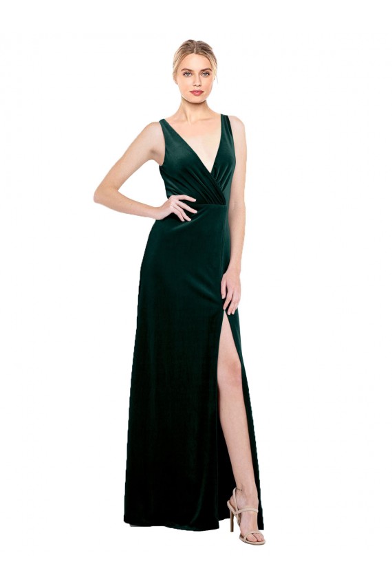 Sleek V-Neck Long Formal Velvet Bridesmaid Dress / Prom Dress with Side Slit UK
